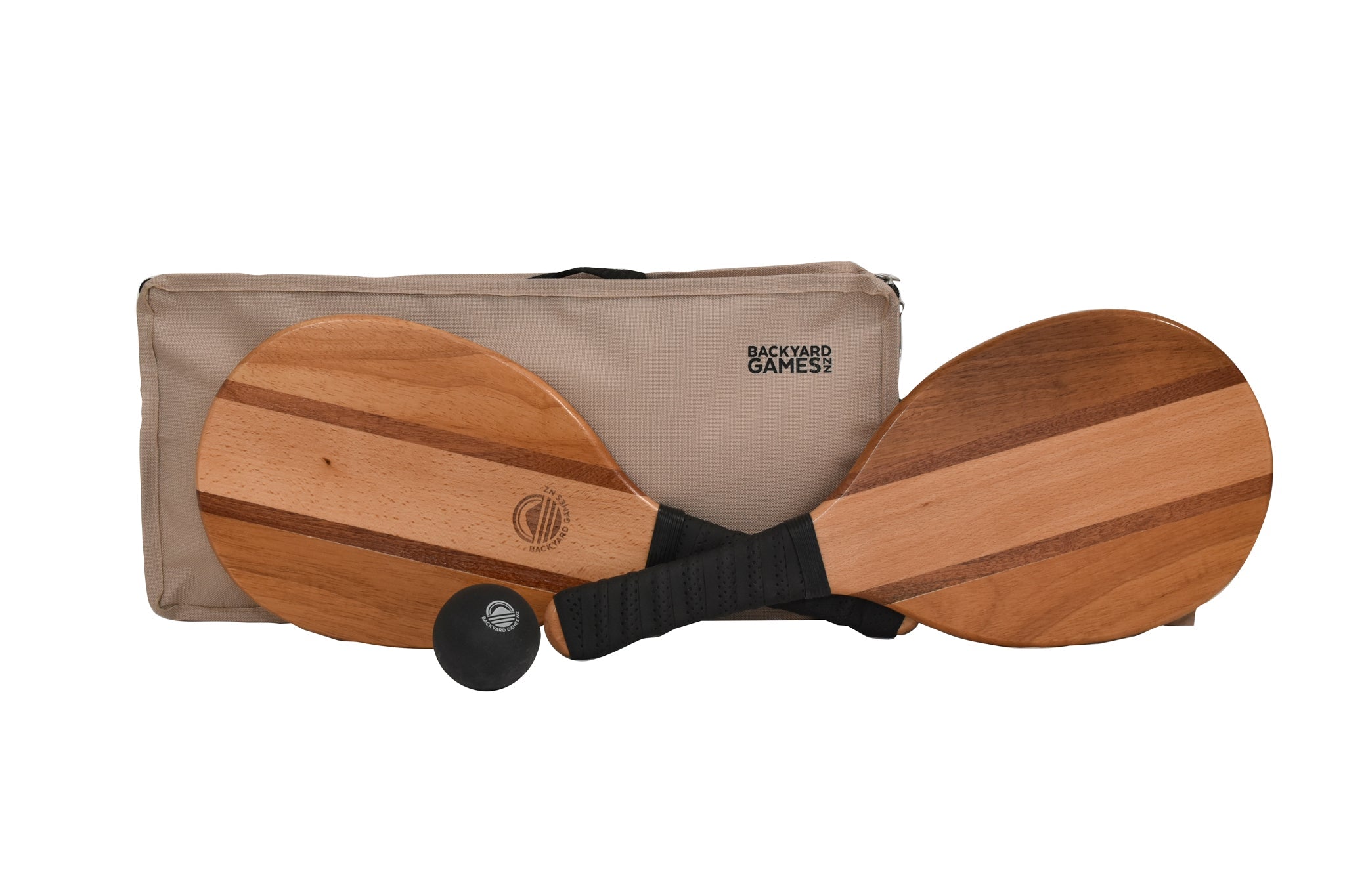 Wooden paddleboard game set with two wooden paddles, a black ball, and a beige carrying case on a white background.