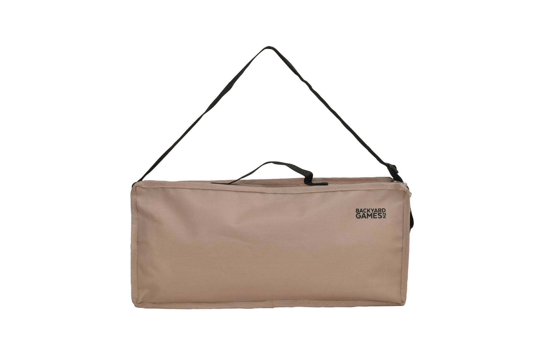 A beige rectangular soft-sided bag with a black shoulder strap and a small black Backyard Games NZ logo on the right side, shown against a plain white background.