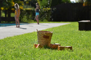 Backyard Games Yardzee and Farkle wooden dice set on the lawn