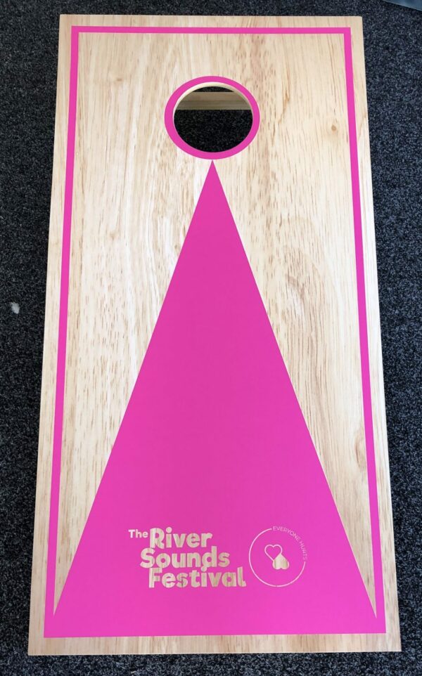 River Sounds Festival corporate branded cornhole board